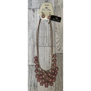 Liza Kim Gold Tone Pink Flowers Dangle Drop Earrings and Necklace Set
